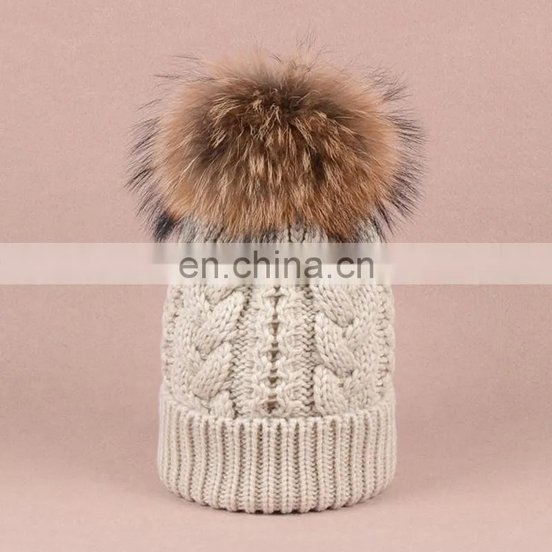 Jumbo genuine raccoon fur pom balls hats knitted twist pattern hats