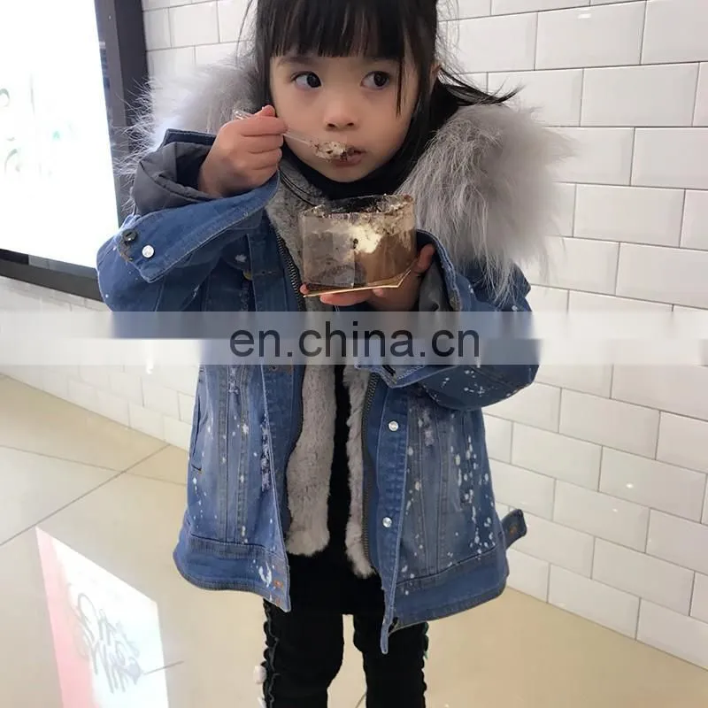 Fashion Casual Denim Jacket Raccoon Fur Collar Real Rabbit Fur Lining Cute Child Coat