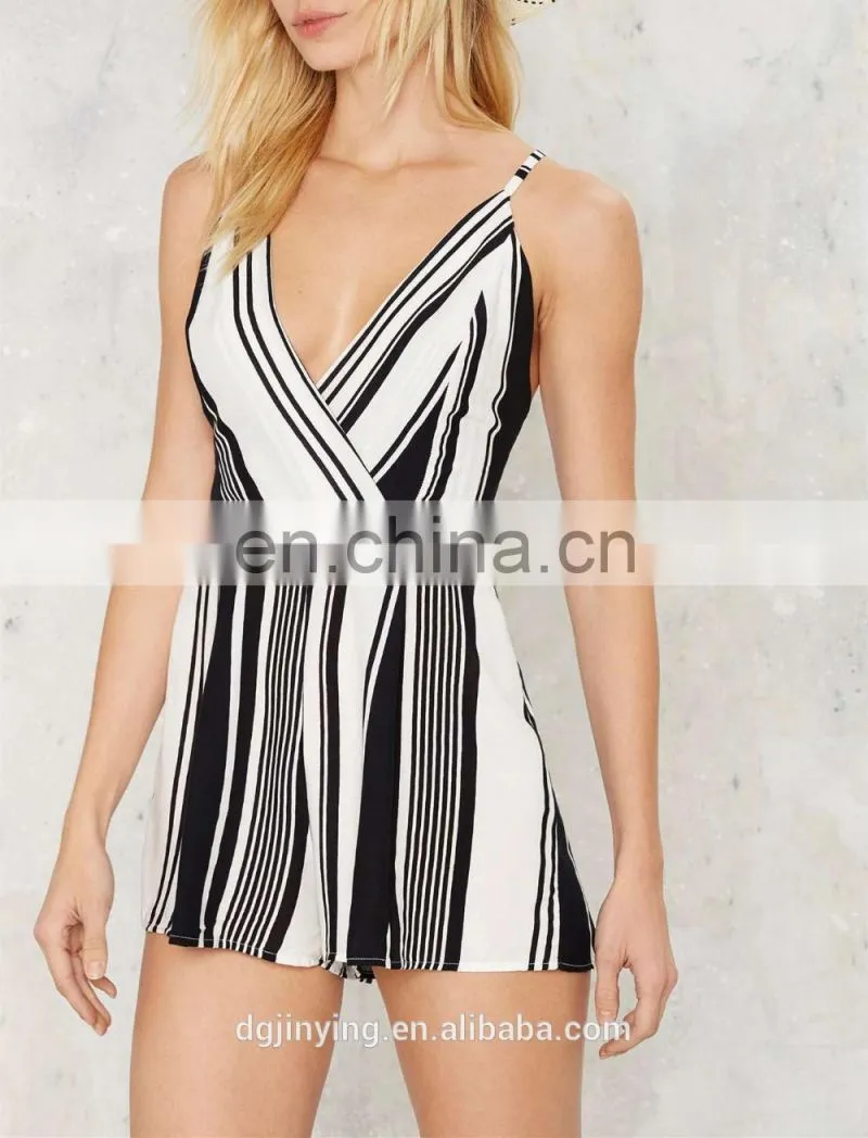 white and navy stripes Fashion jumpsuit adjustable straps unlined v neck with crossover design jumpsuits for women 2016