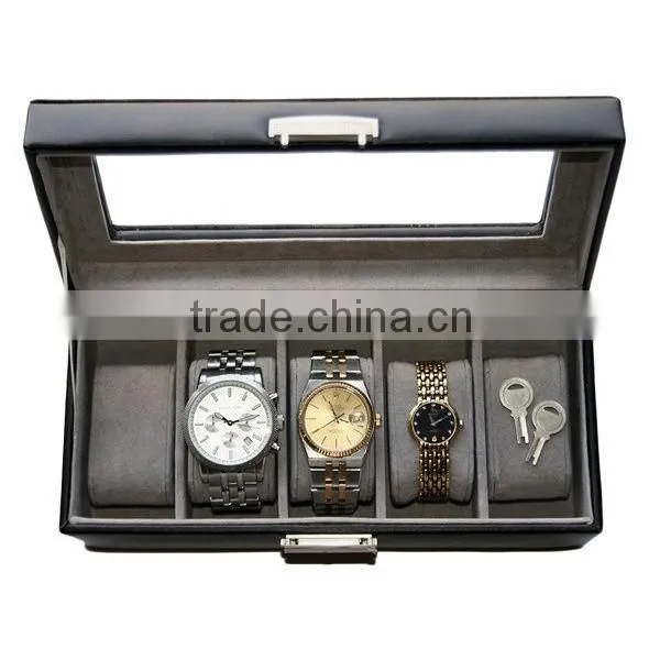 Black Genuine Leather 5-slot Watch Display Box Watch Organizer Case Travel Jewelry Case