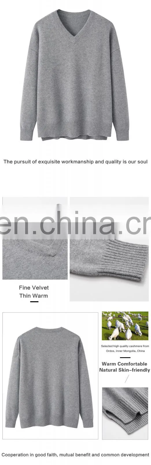 Customizable 100% Cashmere V-Neck Pullover High Quality Knitted Side Split Sweater Plus Size Casual for Winter & Autumn