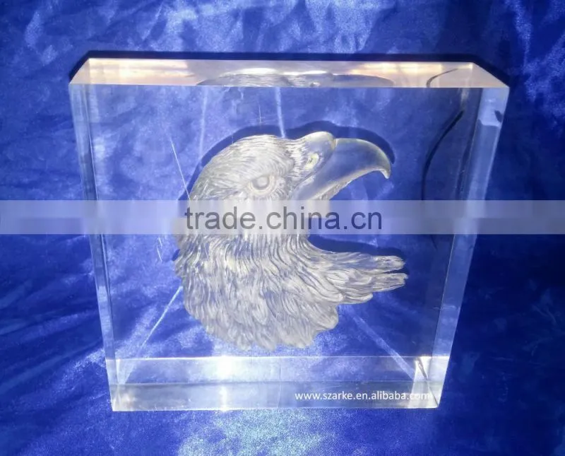 3D laser carving eagle's heart acrylic art block display animal style thick paperweight