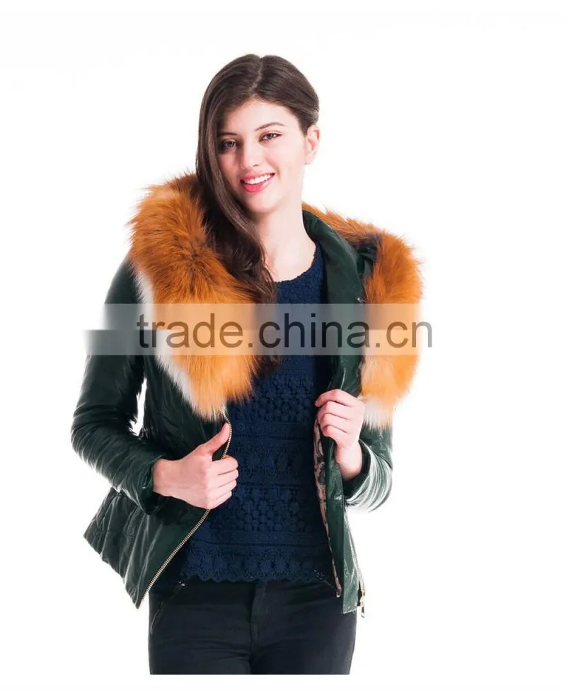 New Design Winter Women Short Slim Fit Leather Jacket With Red Fox Hat Overcoat