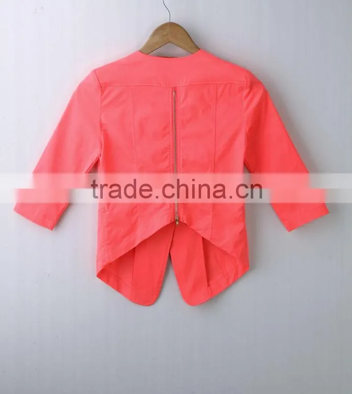 fashion spring neon color ladies'casual tail suit,fashion ladies'jacket with pearl on shoulder and accessory zipper on back
