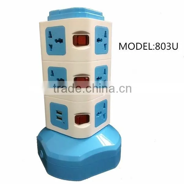 wholesale 3 layer electrical power plug socket/ vertical tower extension socket outlet with usb