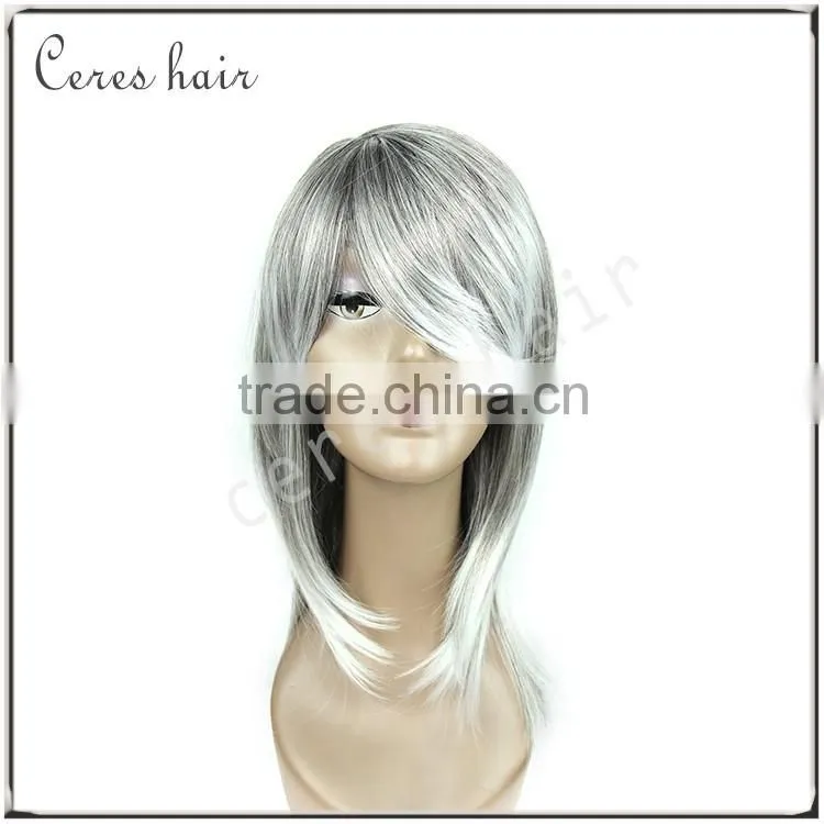 on sale popular silky straight silver white grey synthetic hair wig with high resistant fiber free shipping