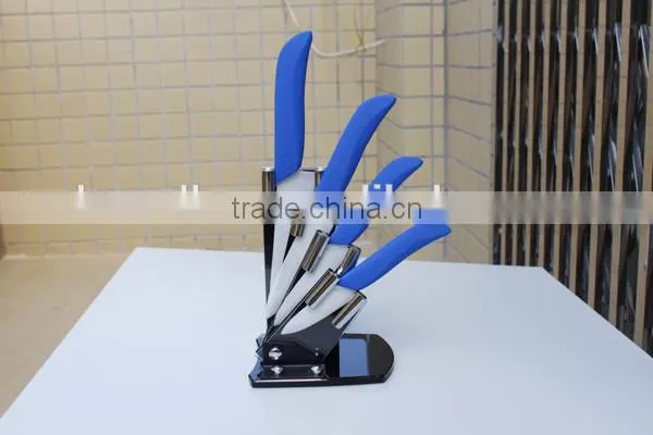 Elegant design handle in orange color ceramic knife fruit knife+paring knife+utility knife set in acrylic stand