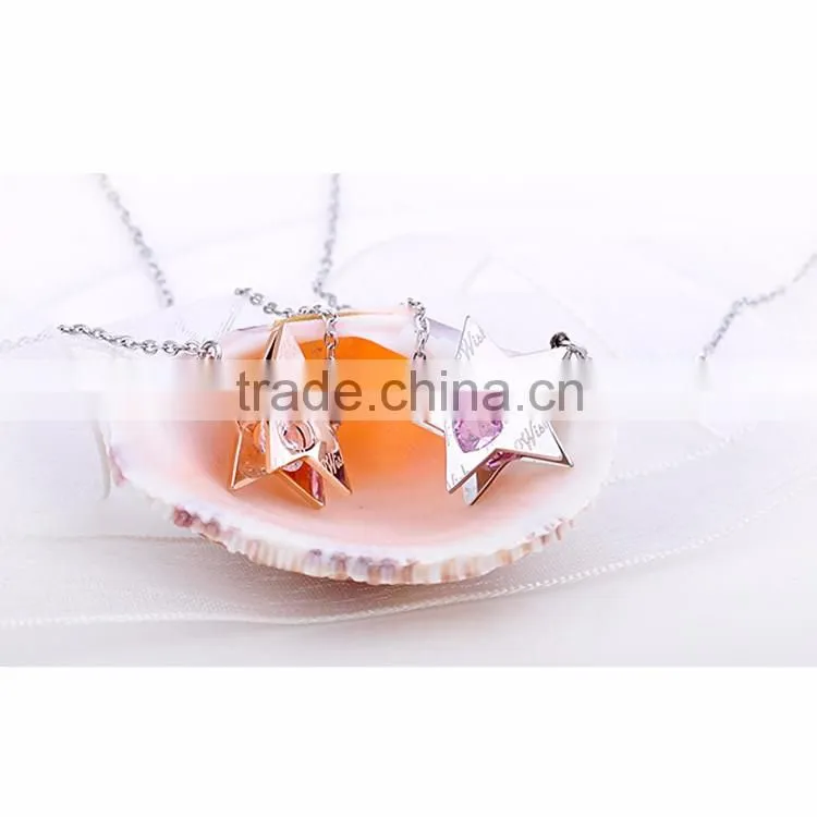 Shiny Stainless Steel Necklace with Star Engraved Charms and CZ Stone