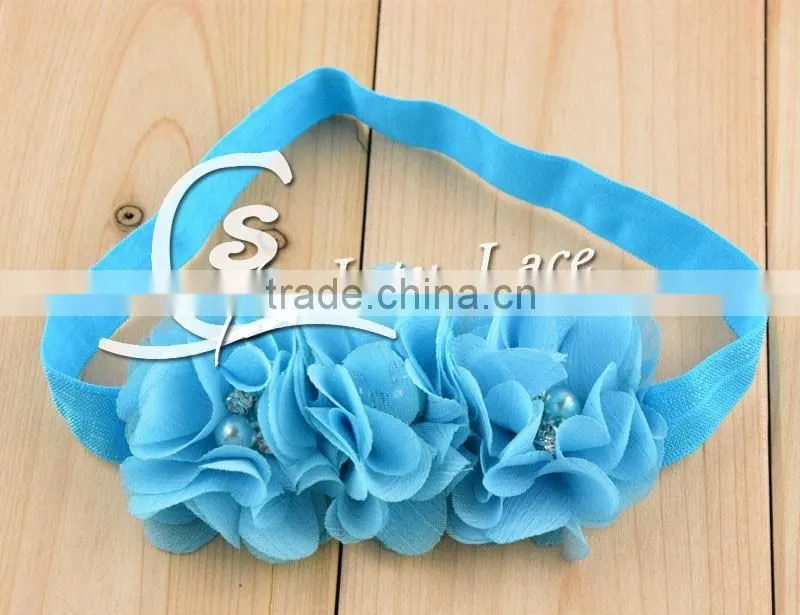 Elastic pearls headband with mini rhinestone petals flower and elastic ribbon, mini crystal flower hair accessories