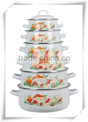 Best Quality Mushroom Decal Enamel Cookware Pot Set 6 Pcs Cast Iron Kitchenware Set With Enaml Lid