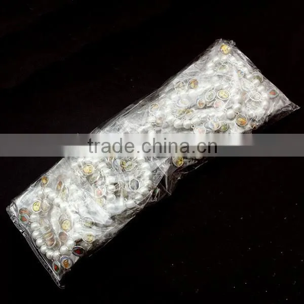 glass beads bracelet with small religious medals double sides 8mm white beads