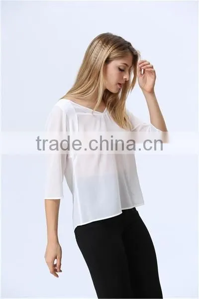 See-through White Chiffon Three Quarter Sleeve Casual Loose Blouse/Top for Ladies/Women