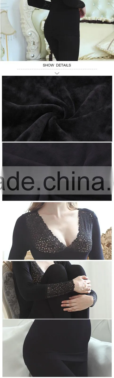 Hsz-TU005 V-neck Nylon Lace Top Ladies Winter Thick Underwear Wholesale Female Thermal Underwear