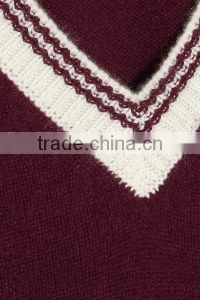 V-Neck Burgandy and Ivory Color Combination Women's Cashmere Sweater in Raglan Sleeves Design
