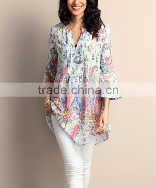 New Design Women Tops With Light Blue Paisley Chiffon Notch Neck Bell-Sleeve Tunic Women Blouse Women Clothes GD90426-29