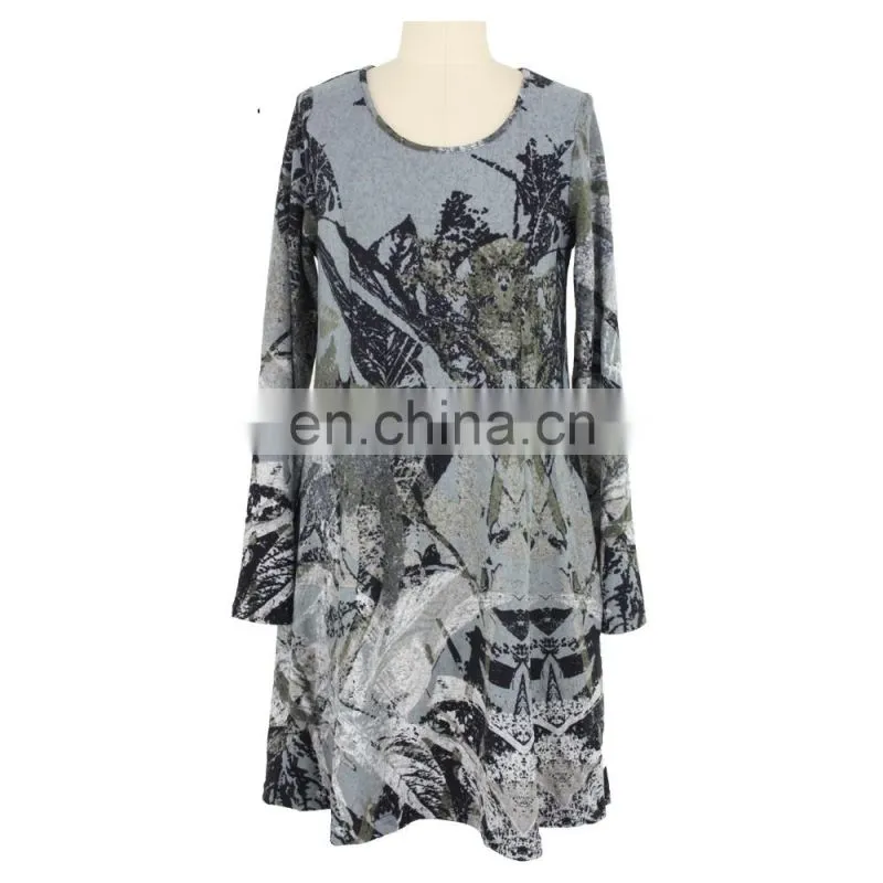 New 2017 Printing Long Sleeve Midi skater Dress