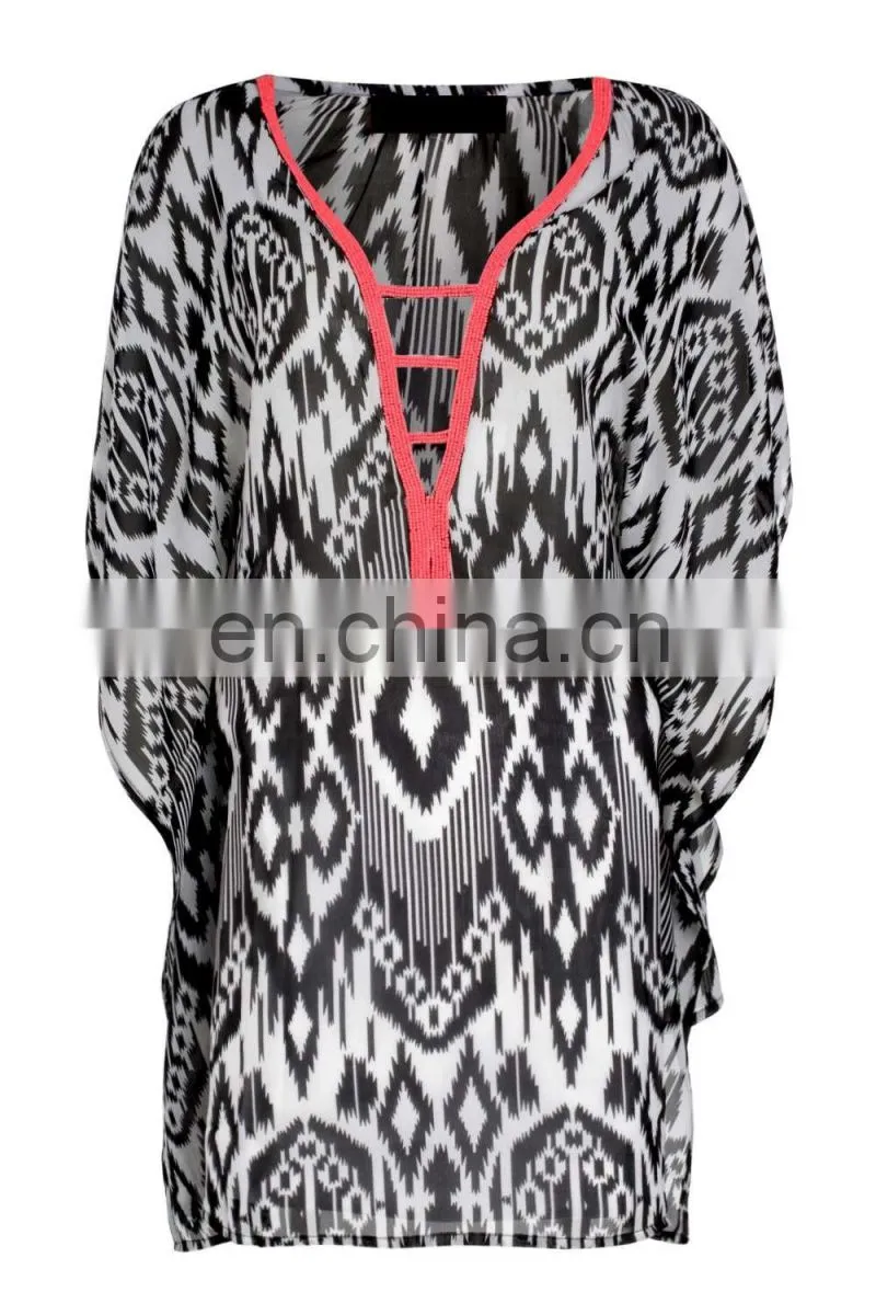 2015 Wholesale Factory Price BEADED NECK PRINTED KAFTAN Slim Embroidered Poncho/ Short Kaftan For Women Summer Wear