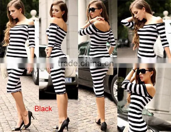 Custom clothing label brand dress stripe off shoulder bodycon lady dress