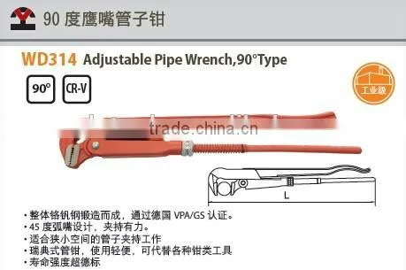 High quality cr-v steel 45 degree with straight jaws adjustable pipe wrench with VPA/GS and die forged