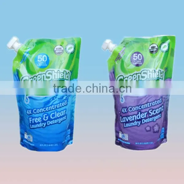 flexible plastic packaging bag with spout for detergent
