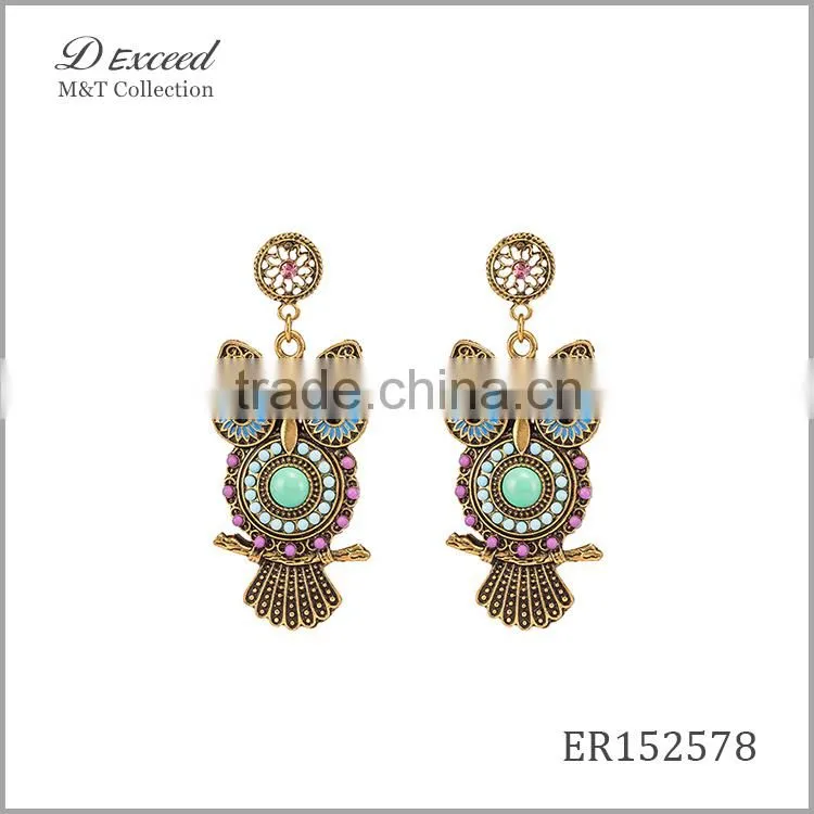 Wholesale Jewelry 2016 Designs Women's Ethnic Bohemian Earrings Owl Gold/Silver Plating Drop Earrings