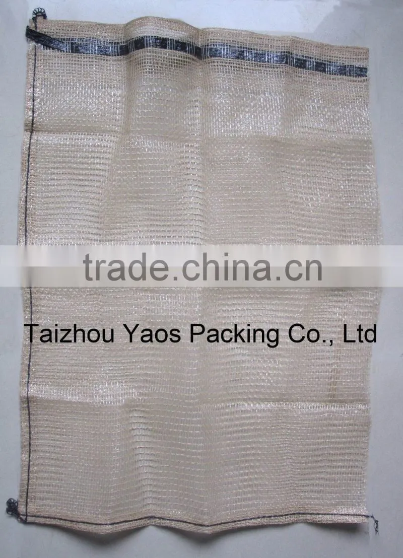 beige firewood bag PP leno mesh bag plastic plain mesh bag vegetable drawstring bag