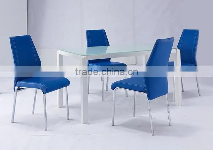 latest table strong tube white painting glass dining table with blue chairs