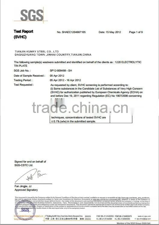 Food grade Scroll cut MR Grade tinplate for components