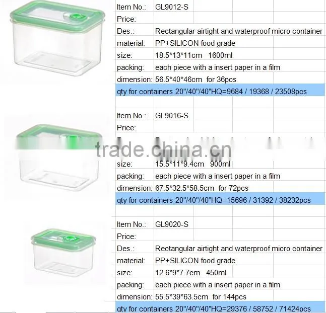 1600ml BPA free rectangle plastic lunch box GL9012-S