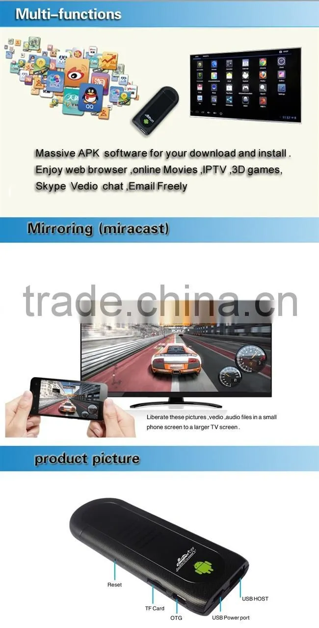 Android mini pc tronsmart mk908 rk3188 quad core 4.4 mini pc built in bluetooth wifi support XBMC&Miracast, Skype for smart tv