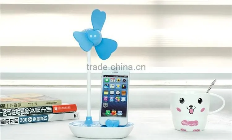 Four-Leaf Clover Soft Blade USB Mini Desktop Fan with Phone Holder+AC Adapter