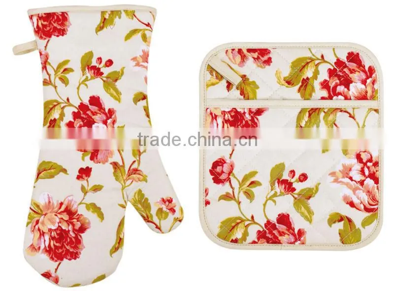 2015 HIGH QUALITY NEW DESIGN PRINTING FLOWERS AND PLANTS COTTON (OVEN MITT& POT HOLDER) KITCHEN SET MK-1502&1506