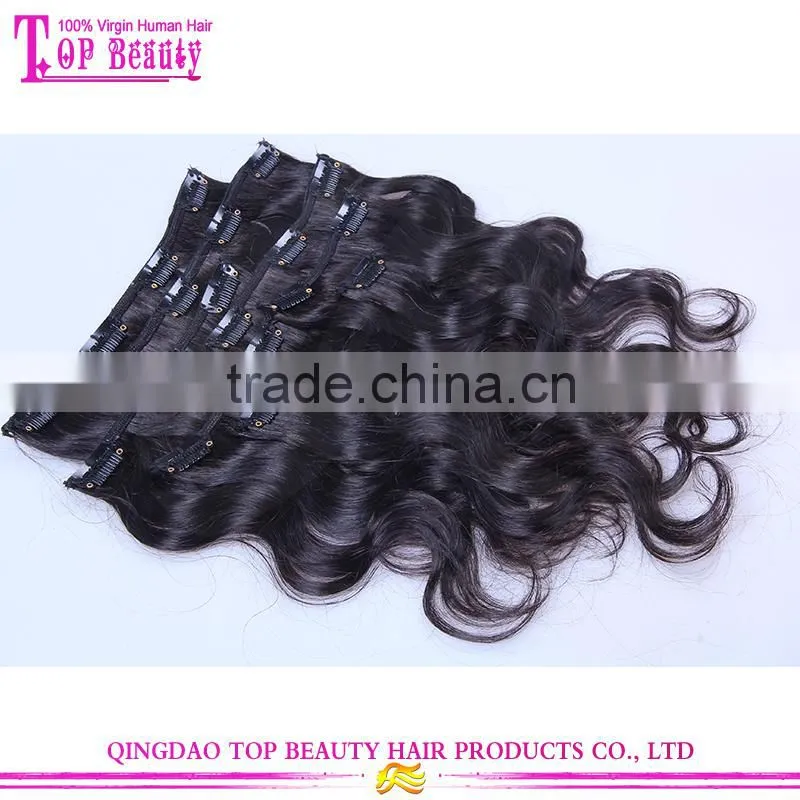 Unprocessed hair extension clip in 200grams, cheap body wave human hair clip in extensions