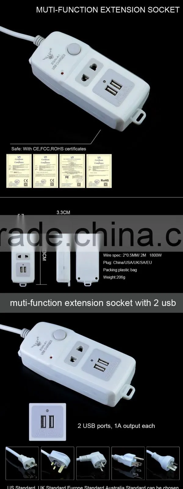 China 2016 new arrival extension electric switch socket with 2 usb ports