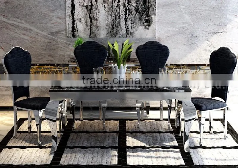 wholesale black marble dining table with mirror silver stainless steel legs