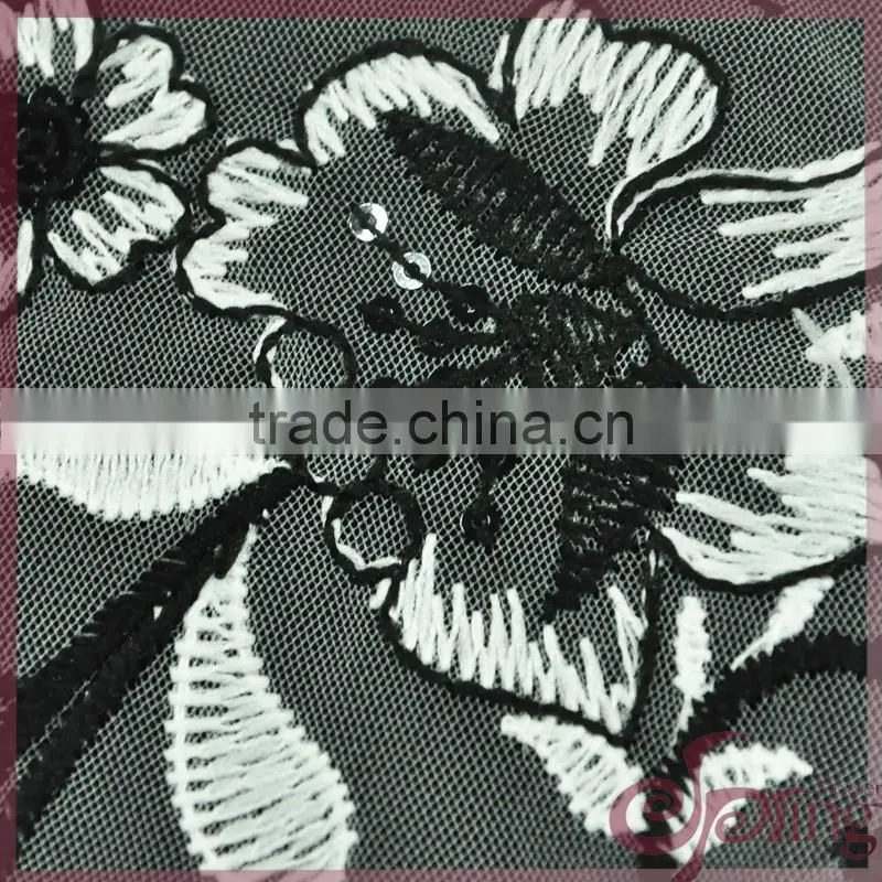 Vine flower embroidery french lace fabric, mesh embroidered sequin fabric for dress