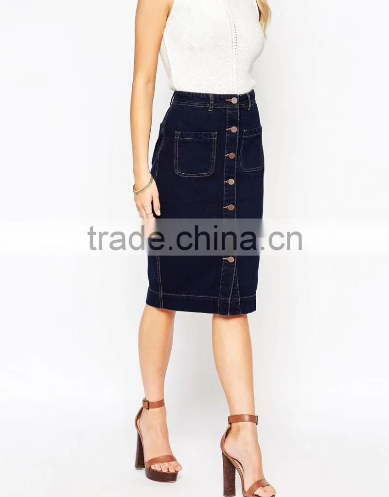 Latest skirt design button through denim skirt lady midi skirt