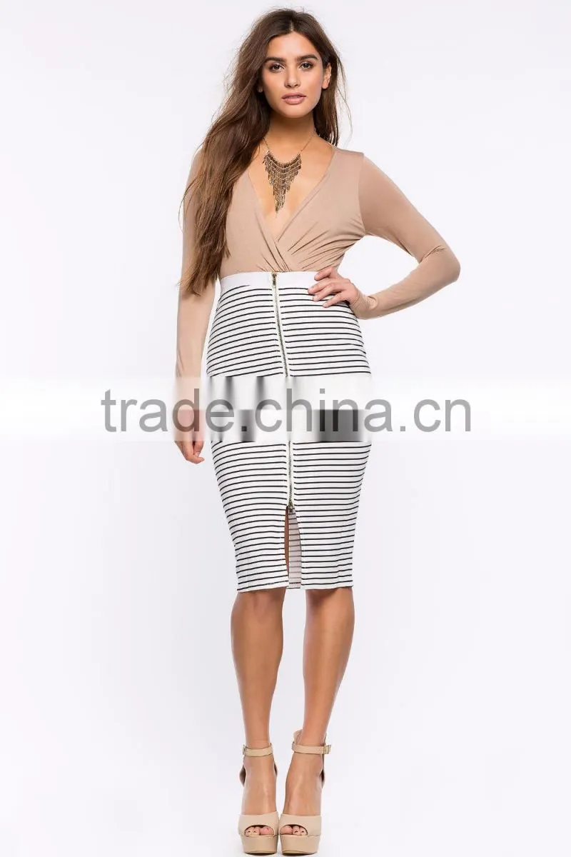 Fashion zip-up front classic stripe skirt women high waist pencil skirt