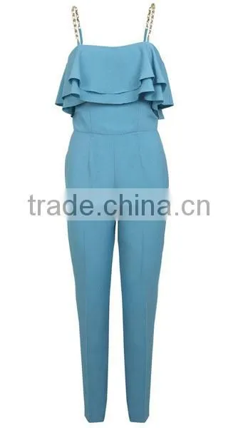 Blue Ruffles Top Style One Piece Women Jumpsuit
