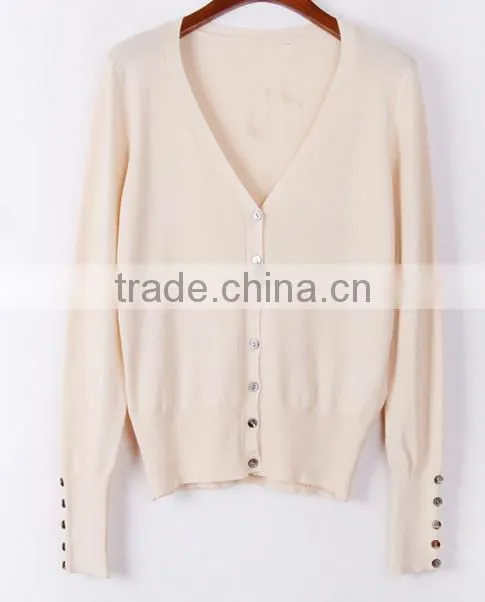 2014 hot sell wholesale high quality long sleeve cotton deep v-neck ladies cardigan