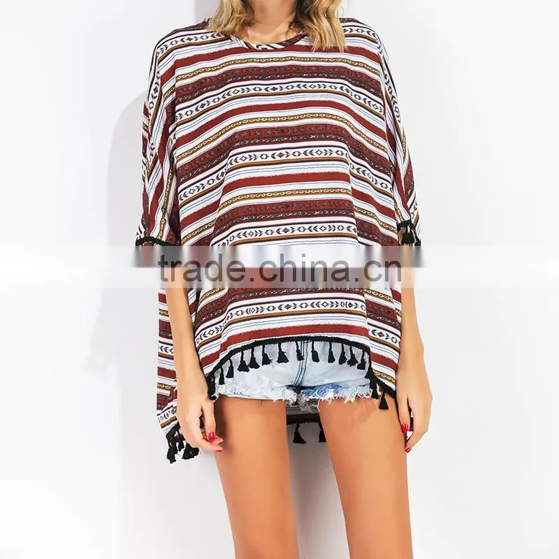 2017 tassel loose striped summer ladies short sleeve