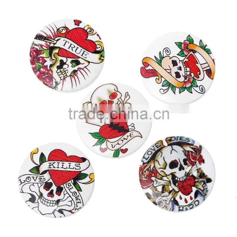 Wood Cabochon Round At Random Skull Halloween Pattern 30.0mm, 50 PCs