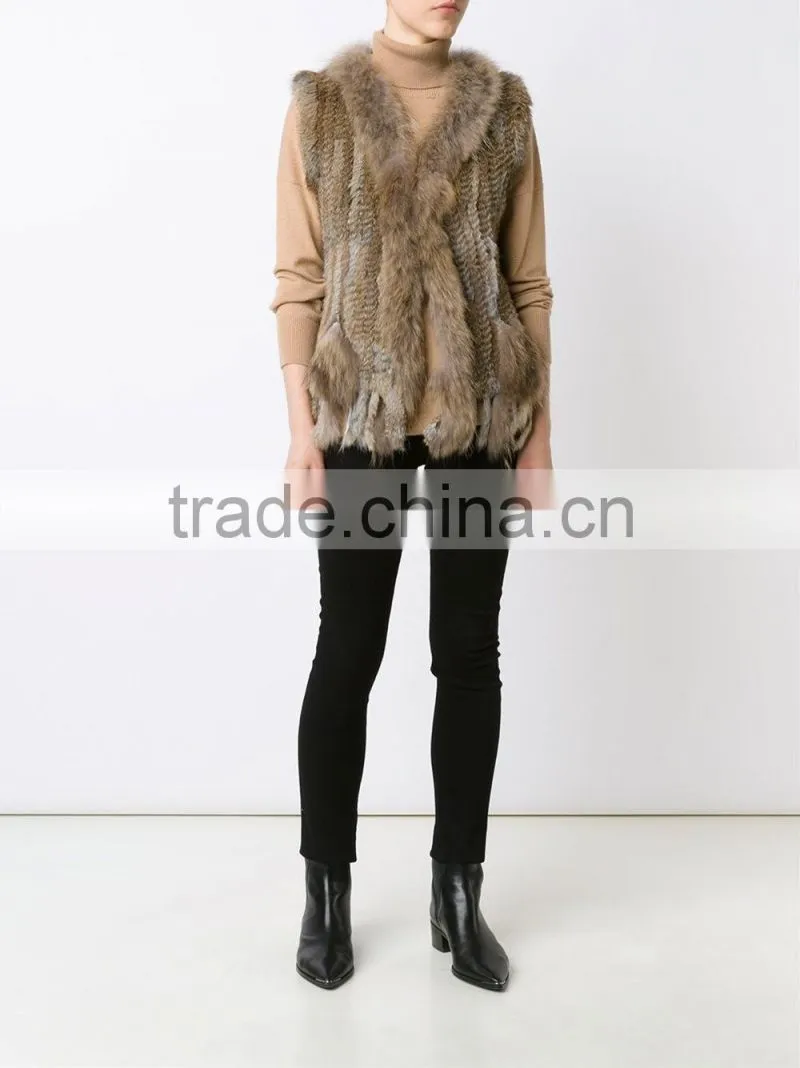 YR006A New Arrive Real Rabbit and Raccoon Hand Knit Vest with Tassels Top Sales Fur Gilet