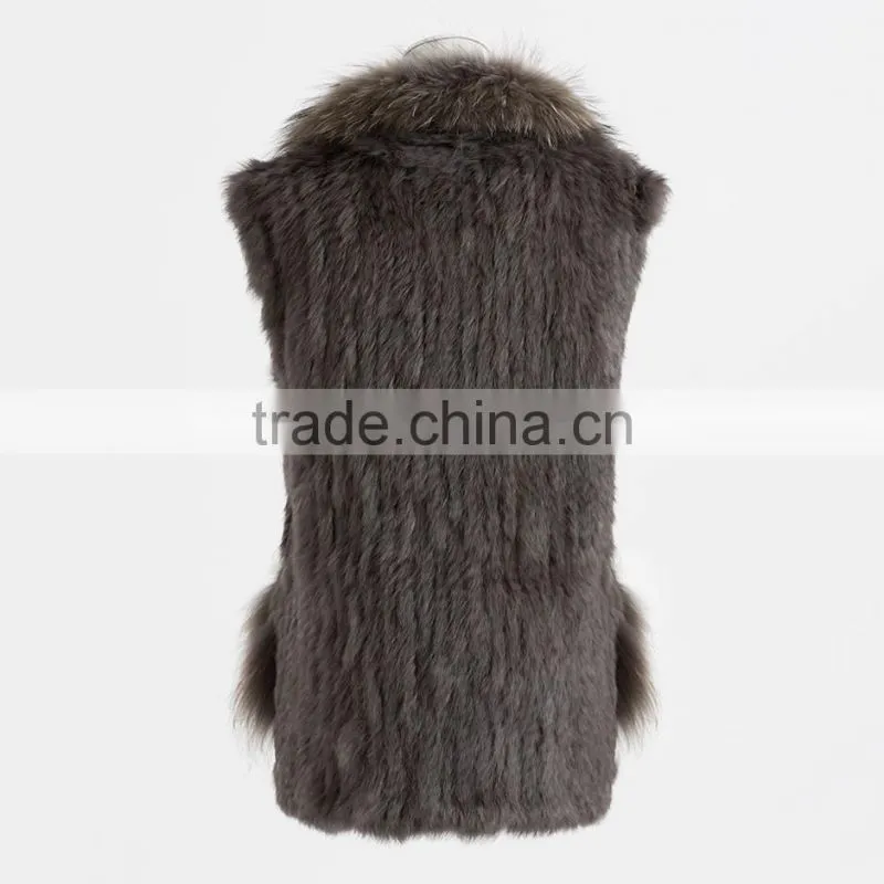 YR644 Women Genuine Rabbit Hand knit with Raccoon Fur Waistcoat Yanran Fur Factory OEM Order Fur Gilet