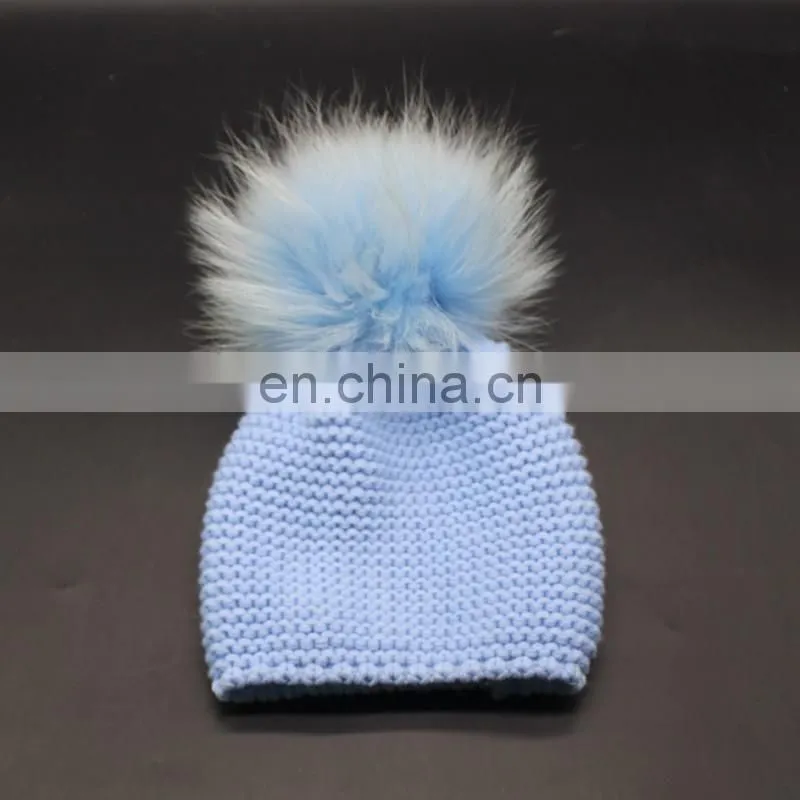 Fashion Kids Winter Knitted Raccoon Fur Pompom 100% Acrylic Knitted Beanie Hat