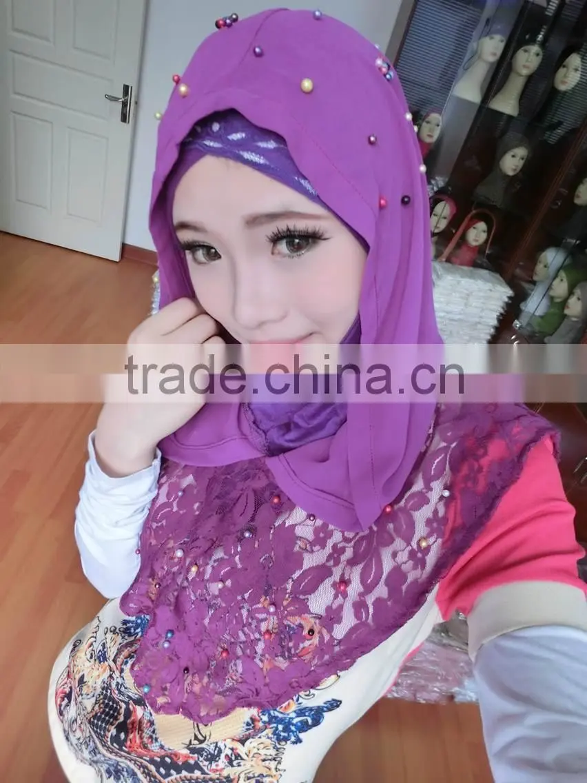 A390 Newest 2015 lace chiffon pearl islamic scarf hijab MUSLIM 2 PIECEs LONG HIJAB