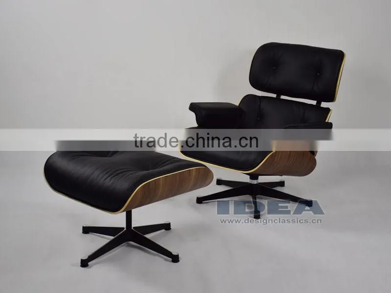 Replica Charles Lounge Chair and Ottoman Walnut Shell Black Leather
