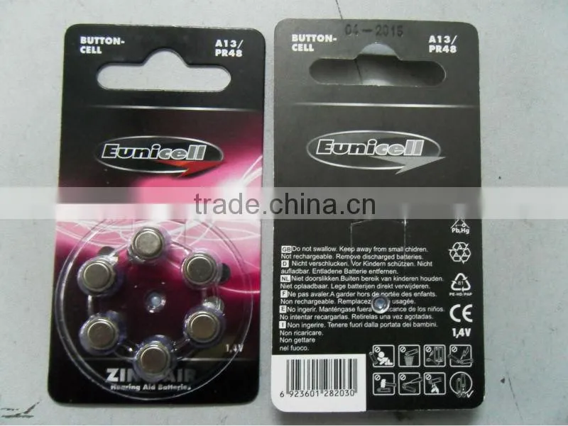 A13 1.4V Zinc air battery A13(PR48) for hearing aid A675