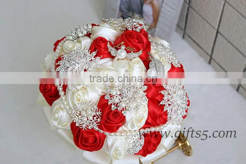 2016 new design Wedding Bouquet, Silver and Ivory Brooch Bouquet, red and white satin rose wedding bouquet