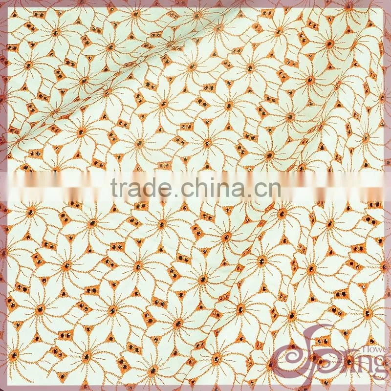 Orange all over flower heavy cotton lace, embroidery design fabric